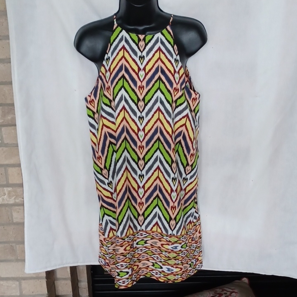 Tyche Geometric Spaghetti Strap Keyhole Neck Mini Shift Dress